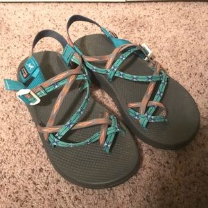 Unique Teal and salmon Chacos